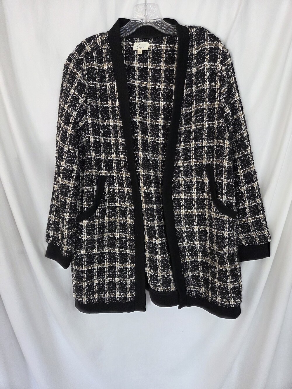 Linea Plaid Open Front Blazer/Cardigan Tweed Black/Cream/White Size L